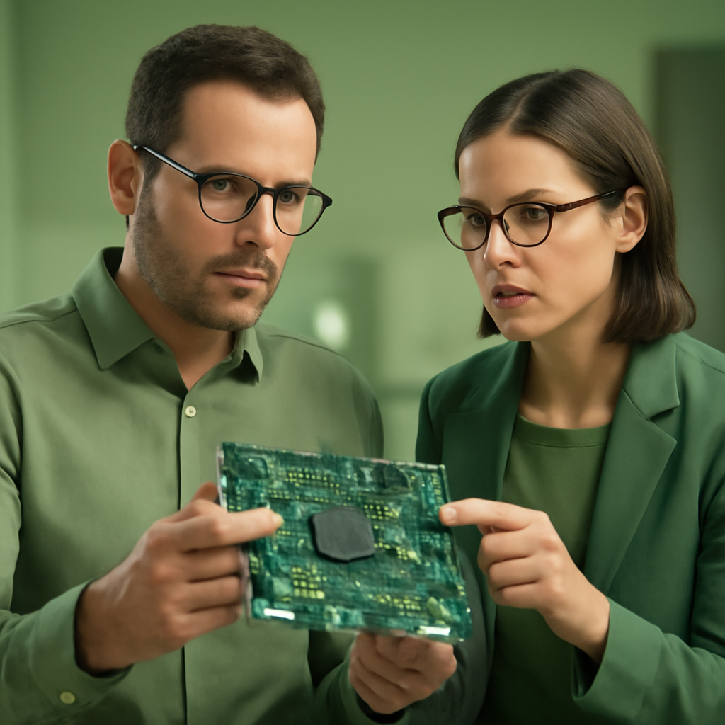 Engineers inspecting a hardware prototype